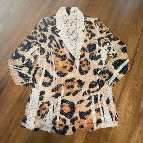 Leopard Lace Jacket Artsy Hippie Boho XL Sequins Animal Print Blazer Origami - Picture 13 of 16
